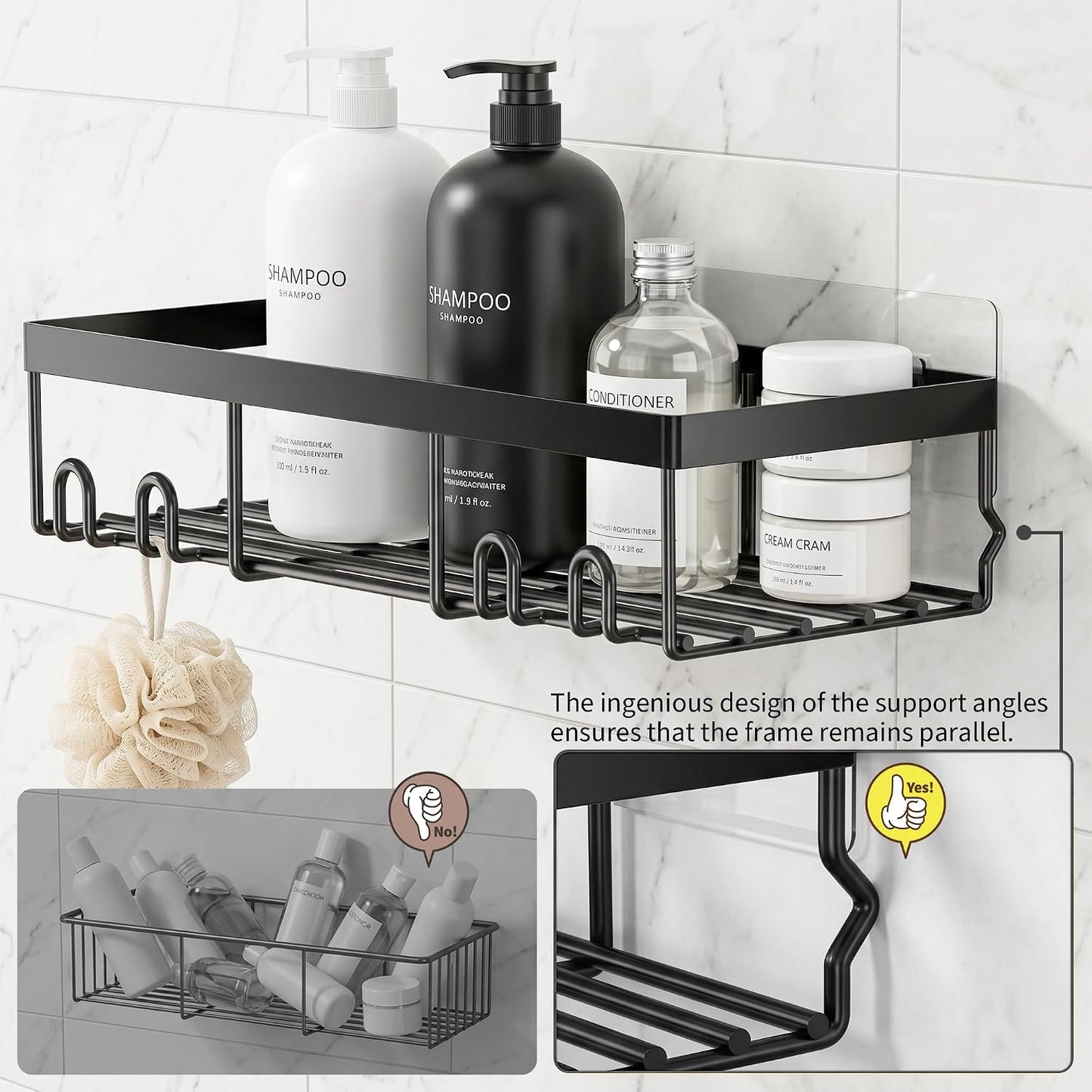 Moforoco Shower Caddy Shelf Organizer Rack, Self Adhesive Black Bathroom Shelves Basket, Home Farmhouse Wall Inside Organization and Storage Decor Rv Accessories, First Camper Apartment Essentials