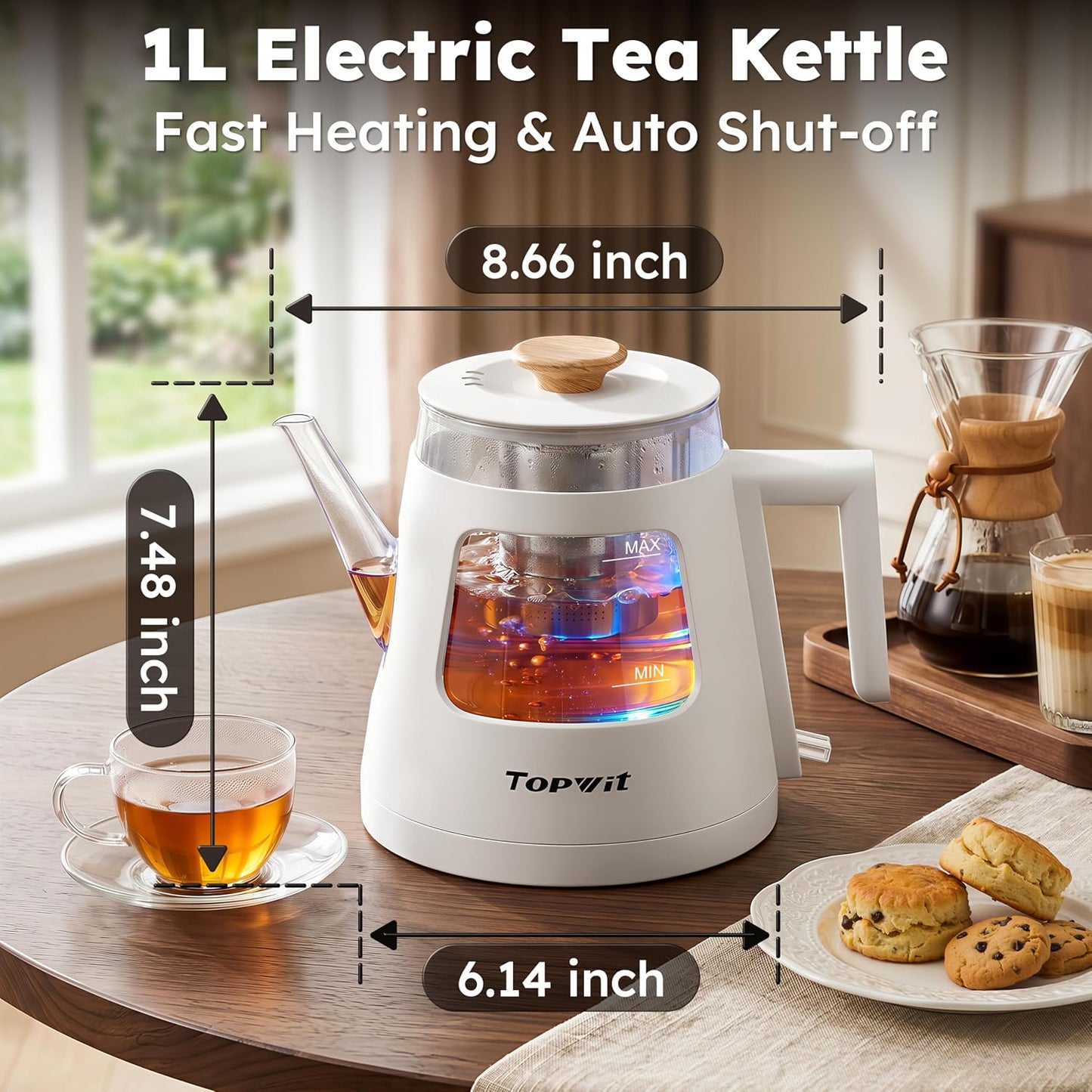 TOPWIT 2.0L Glass Electric Kettle, Hot Water Boiler, BPA-Free | Stainless Steel Bottom & Lid, Fast Boil, Auto Shut-Off & Boil-Dry Protection, No Plastic Odor | for Tea, Coffee, Home, Office