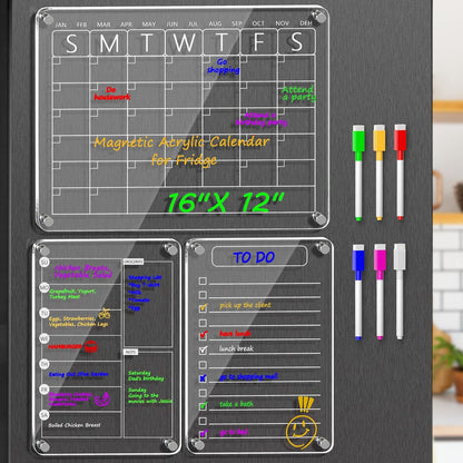 Acrylic Meal Planner Magnetic Menu Board for Kitchen Fridge, 13"x9" Clear Weekly Calendar Planning Board Noteboard Refrigerator Dry Erase Board to Do/Grocery/Shopping Lis Includes 6 Markers