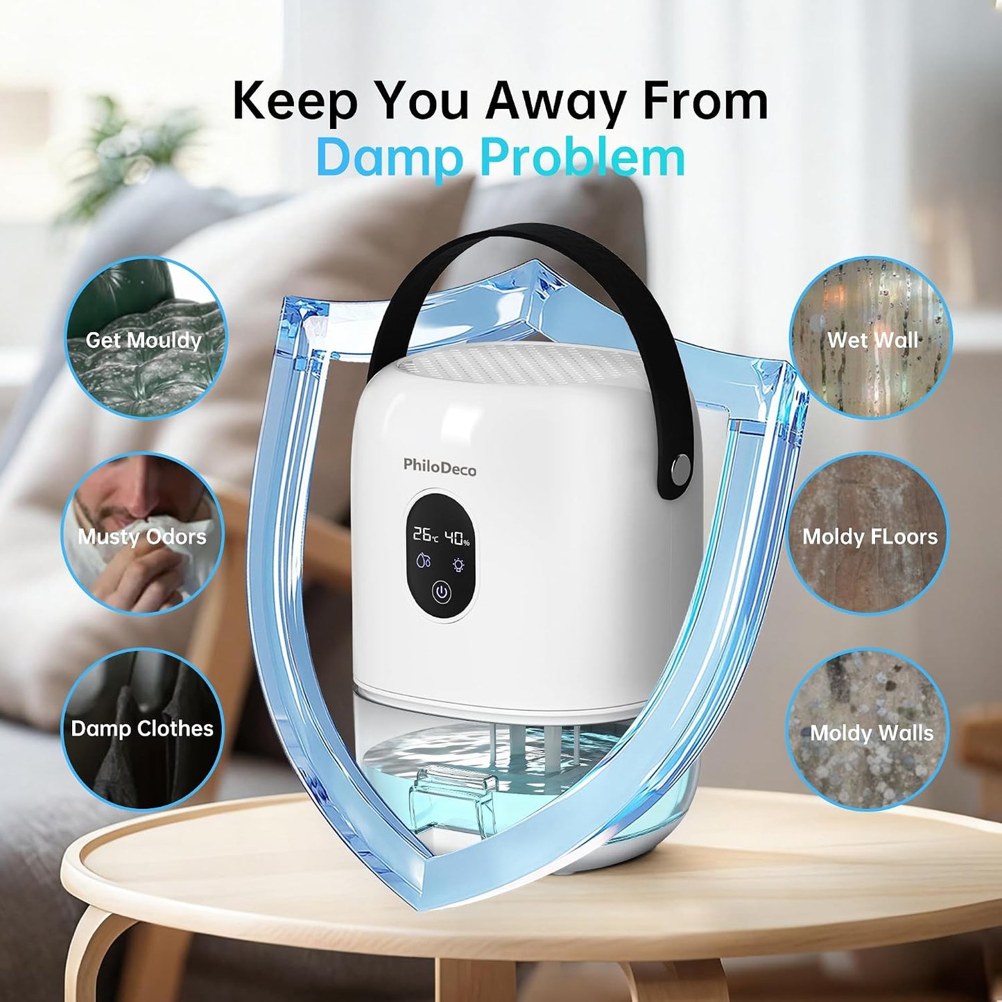 PHILODECO 35 OZ Dehumidifiers for Home(280 sq.ft), Ultra Quiet 25 dB for Bedroom & Bathroom with Auto Shut Off, Small Dehumidifiers for Closet, RV & Basement, 7 Colors LED Light, White