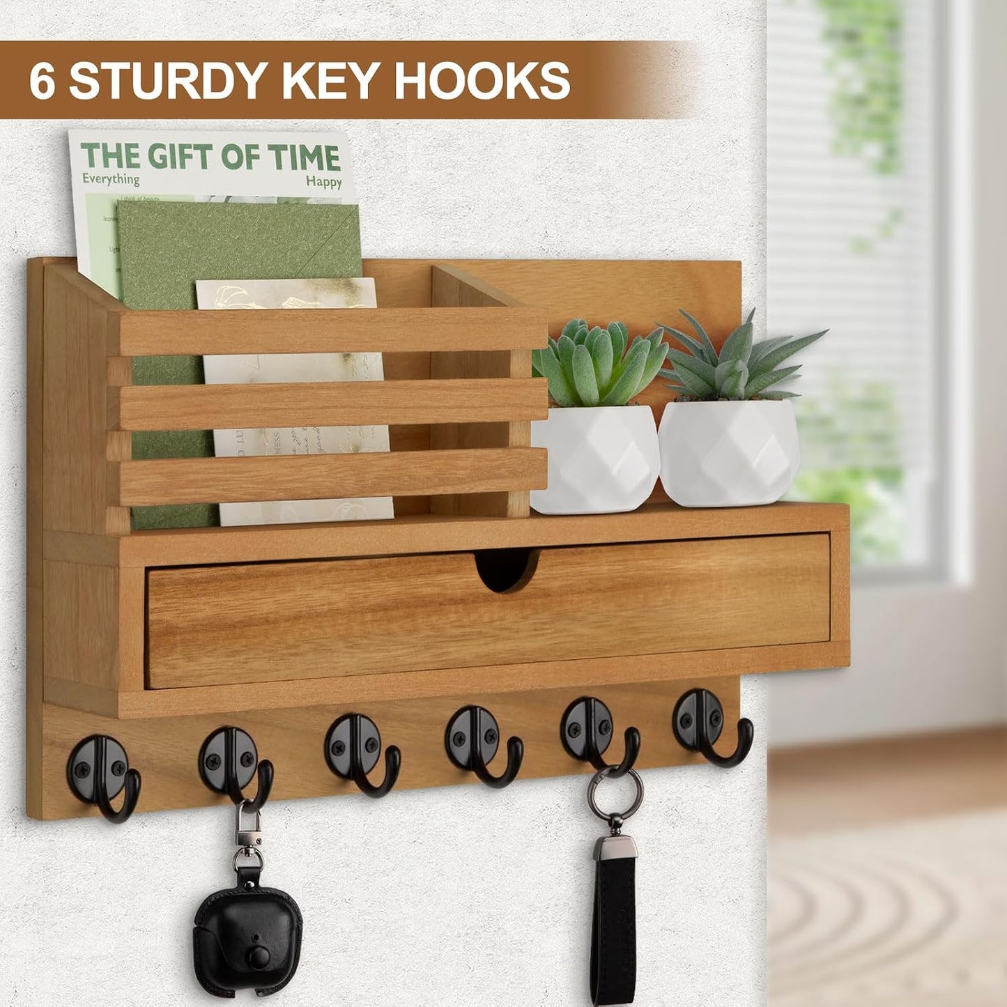 Key Holder Wall Mount, Mail Holder with Storage Drawer | Key and Mail Holder with 5 Key Hooks for Coat, Dog Leash, Home Decor Rack, House Accessories, Entry Way Organizer