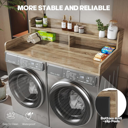 2-Tier Washer and Dryer Countertop with 2.75" H Guard,54" W x 27.5" D Laundry Countertop Cover with Non-Slip Pad,Large Space Laundry Topper for Folding Clothes Over Washer and Dryer-White