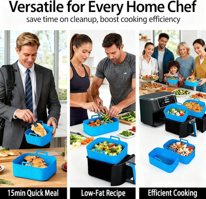 Silicone Air Fryer Liners for Ninja - Reusable DZ201 8QT Dual Basket - Rectangular 2-Pack Vacuum-Packed Easy-Clean Dishwasher-Safe Food-Safe for Home Chefs - Housewarming Gifts