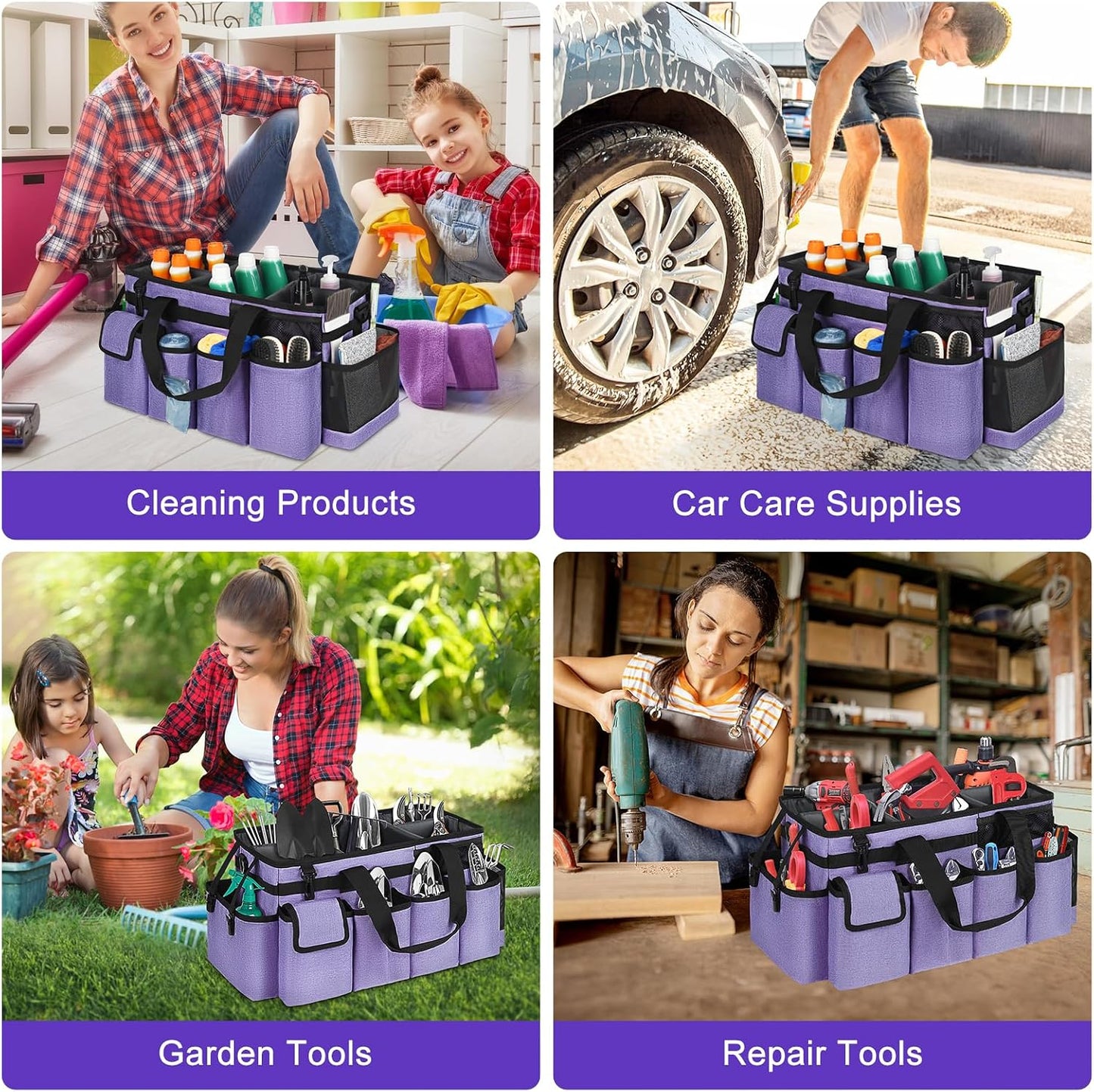 Cleaning Caddy Bag,Large Cleaning Supplies Organizer with Handle for Housekeepers,Purple