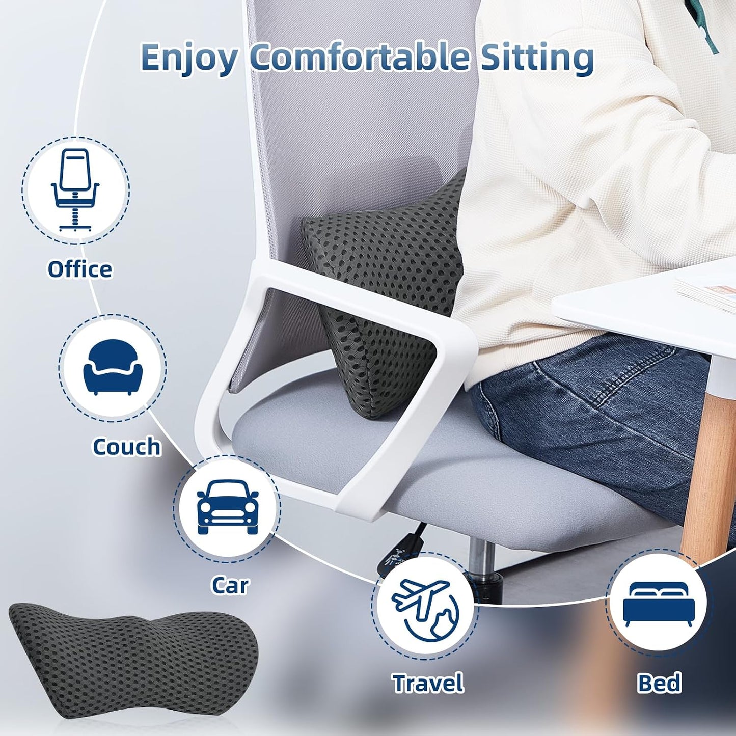 Lumbar Pillow, Memory Foam Lumbar Support Pillow for Office Chair and Car Seat, Ergonomic Streamline Back Pillow for Lower Back Pain Relief, Back Support Pillow for Sitting, Driving, Traveling