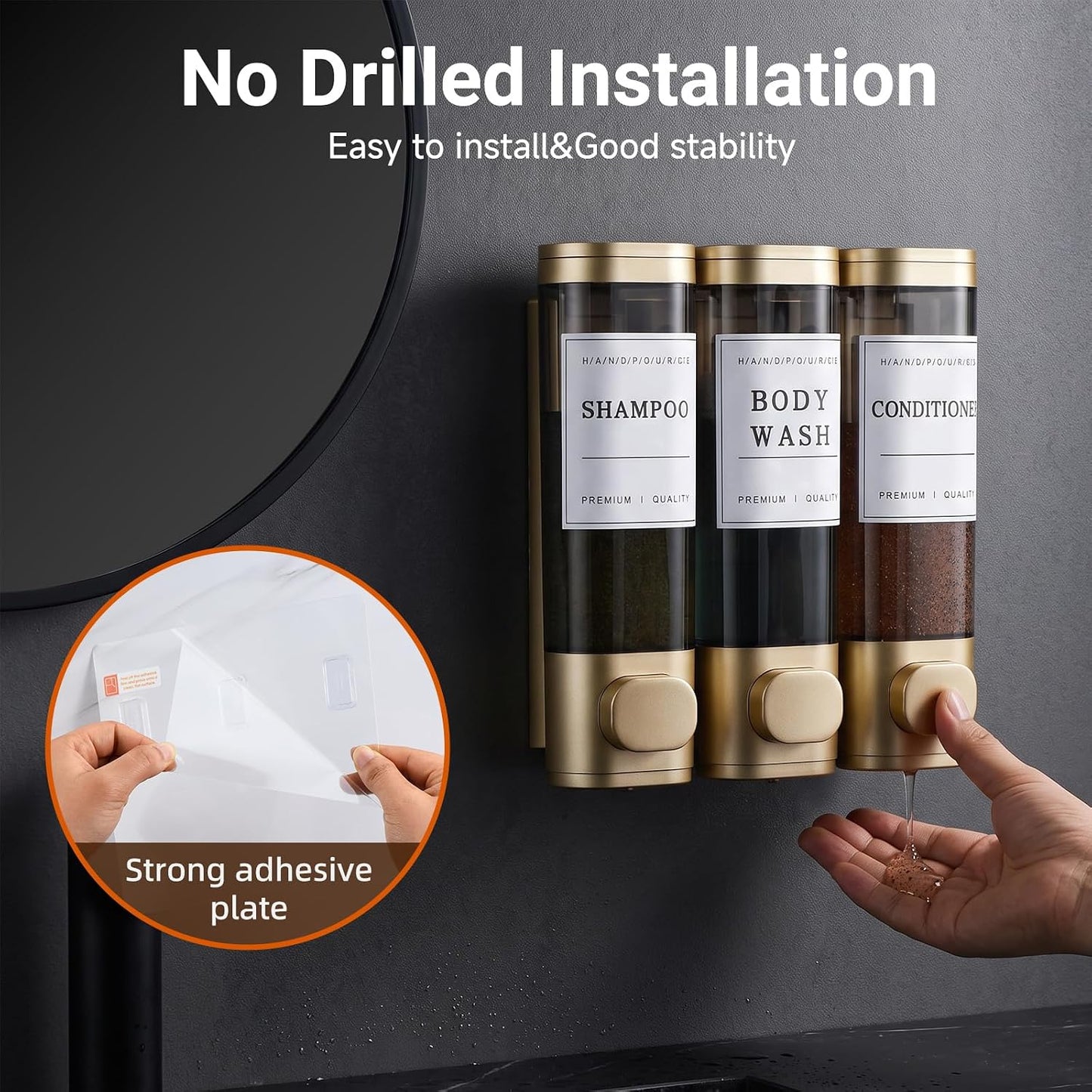 Shampoo and Conditioner Dispenser,Shower Soap Dispenser 3 Chamber No Drill Wall-Mounted for Bathroom & Hotel Leak-Proof Pumps, for Thick Liquids Like Conditioner - 1050ML High Capacity, Dark Blue