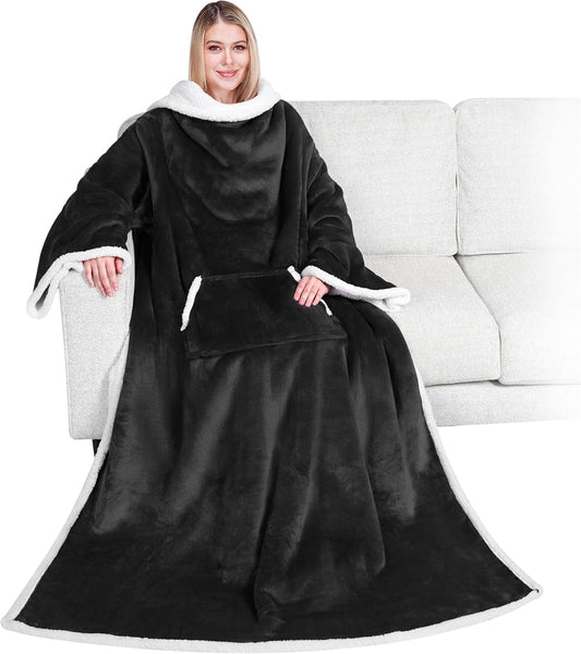 PAVILIA Sherpa Wearable Blanket with Sleeves and Pocket, Plush Thick Cozy Body Blanket Wrap for Adult Women Men, Christmas Gift for Wife Mom, Dark Grey