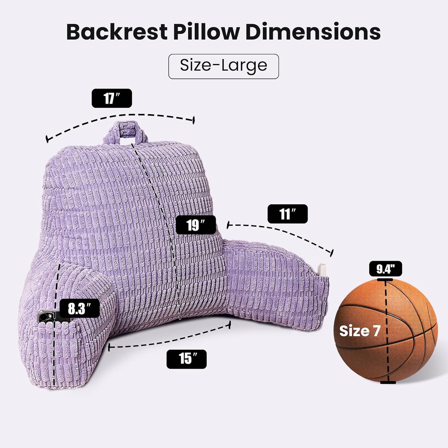 Reading Pillow with Arms for Sitting in Bed,Backrest,White Flannel,M | 17" Backrest Supports Back for College Students,Elbows & Forearms for Dorm Reading,Gaming,Watching TV