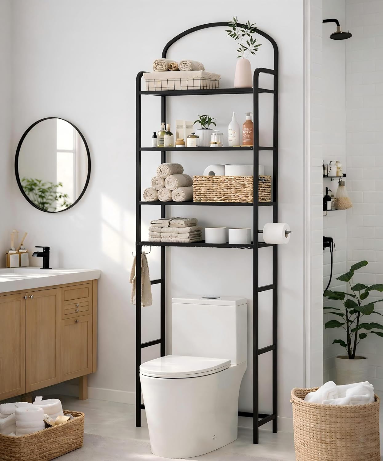3 Tier Over The Toilet Storage Rack, Bathroom Organizer | Toilet Storage with 4 Hooks & Paper Holder, Space-Saving, Freestanding Bathroom Shelf, Metal, White