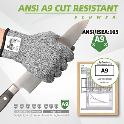 Schwer SlicePro ANSI Cut Resistant Gloves, Food Grade Cutting Glove for Kitchen Food Prep, Mandoline Gloves for Meat Cutting, Oyster Shucking, Fish Fillet Processing, PR1501-G, L | Non PFAS, No Glass Fiber, for Kitchen Food Prep, Mandolin Slicing, Meat