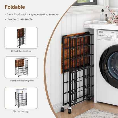 90L Laundry Basket with Wheels, Large Capacity Laundry Hamper with Removable Liner Bags, Heavy Duty Laundry Sorter with Solid Wood Lid & Leather Handles, Grey