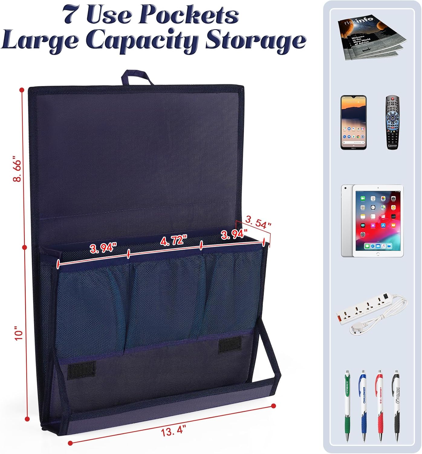 Bedside Caddy Organizer for Dorm Bed Rails with 7 Pockets, Gray | Bed Pockets Bedside Storage with Power Strip Holder & 2 Adjustable Straps for Home, College, Dorm, Hospital Bedside Organizer