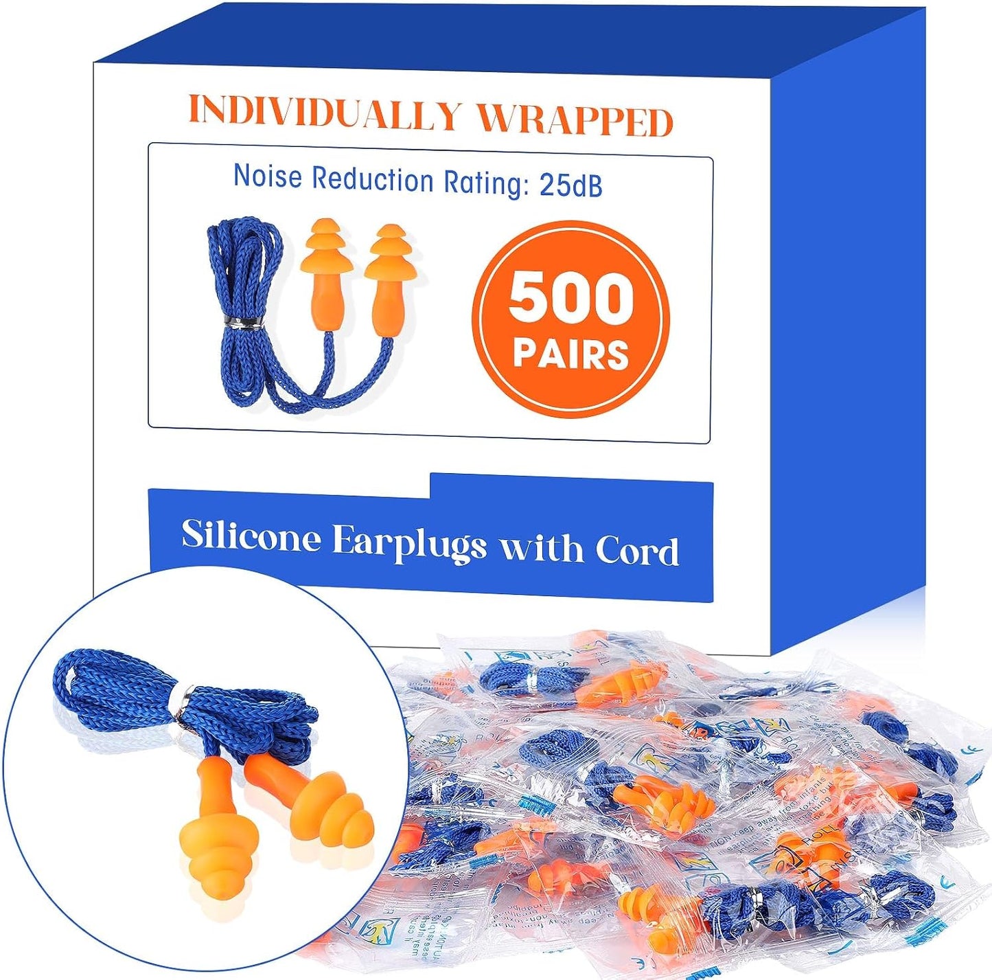 Relaxweex 500 Pairs Corded Ear Plugs Bulk 25dB NRR Reusable Silicone Ear Plug with String Individually Wrapped Earplugs for Sleeping Noise Reduction Hearing Protection Shooting Work (Blue Yellow)