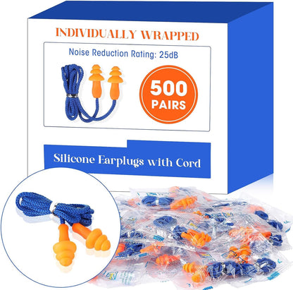 Relaxweex 500 Pairs Corded Ear Plugs Bulk 25dB NRR Reusable Silicone Ear Plug with String Individually Wrapped Earplugs for Sleeping Noise Reduction Hearing Protection Shooting Work (Blue Yellow)