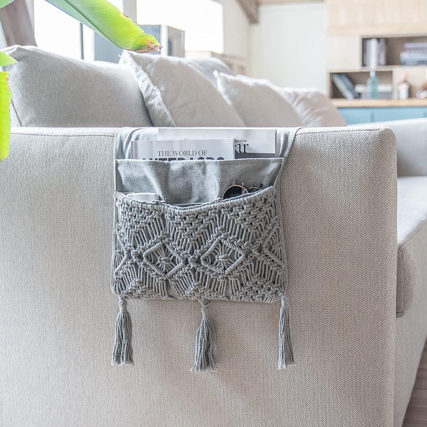 Mkono Macrame Armchair Caddy, Boho Couch Armrest Organizer, 4 Pockets Beige | Large, Sofa Bedside Caddy, Remote Control Magazine Phone Holder, Living Room Bedroom Dorm, Boho Decor, Space-Saving Storage