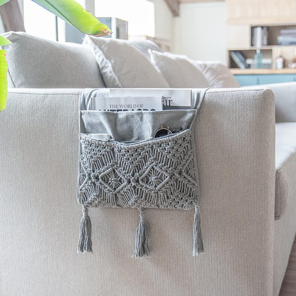 Mkono Macrame Armchair Caddy, Boho Couch Armrest Organizer, 4 Pockets Beige | Large, Sofa Bedside Caddy, Remote Control Magazine Phone Holder, Living Room Bedroom Dorm, Boho Decor, Space-Saving Storage