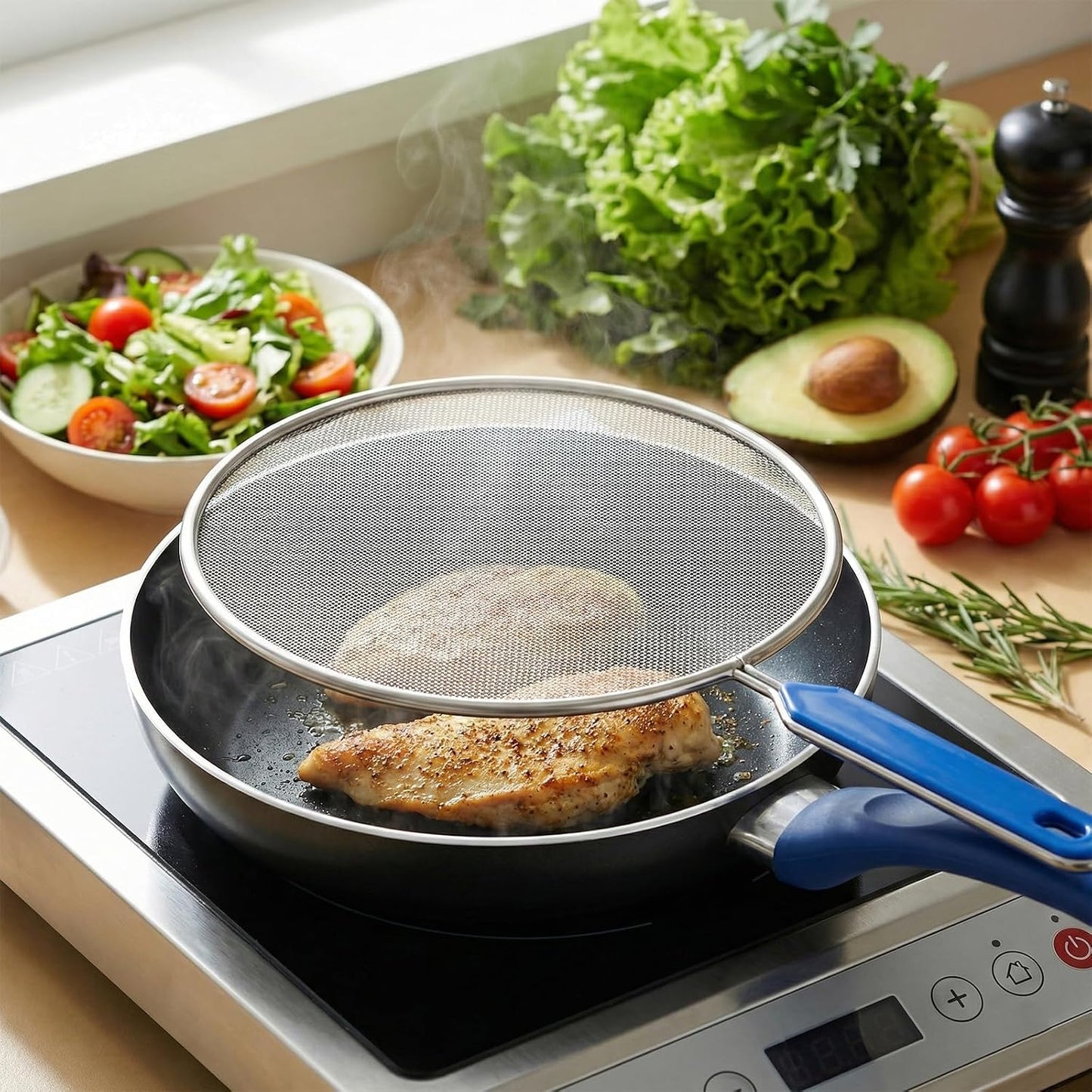 8.3 Inch Grease Splatter Guard for Frying Pan, Stainless Steel Grease Screen with Grip Handle, Ultra Fine Mesh Prevents Oil Splatters for Frying Pan