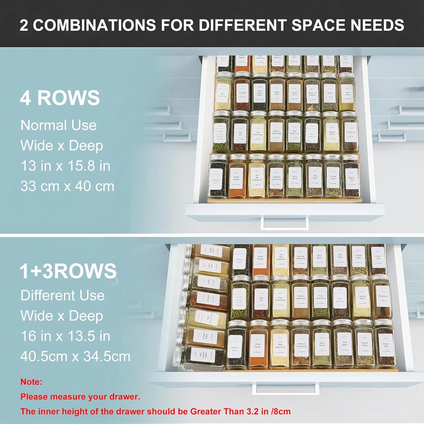 Spice Drawer Organzier,4 Tiers Bamboo Spice Rack Tray Insert for Cabinet Drawer Countertop, Kitchen Seasoning Storage Drawer Organization,14.57" Wide x 15.8" Deep （Hold UP To 32 Jars