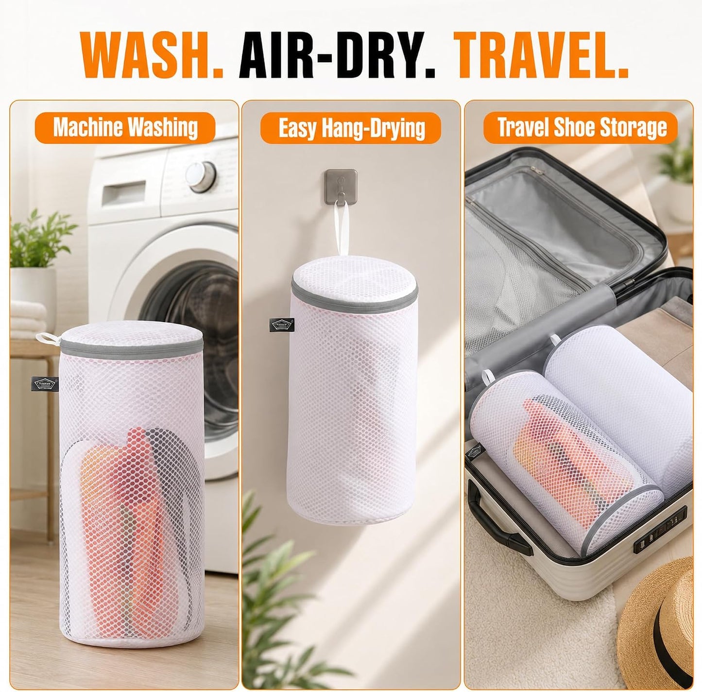 Shoe Washing Machine Bag, Laundry Bag for Sneakers, Orange, 7x15 | Bag to Wash Shoes in Washer and Dryer, for Tennis, Footwear, Trainers, Slippers, Prevent Tangling, Honeycomb Mesh
