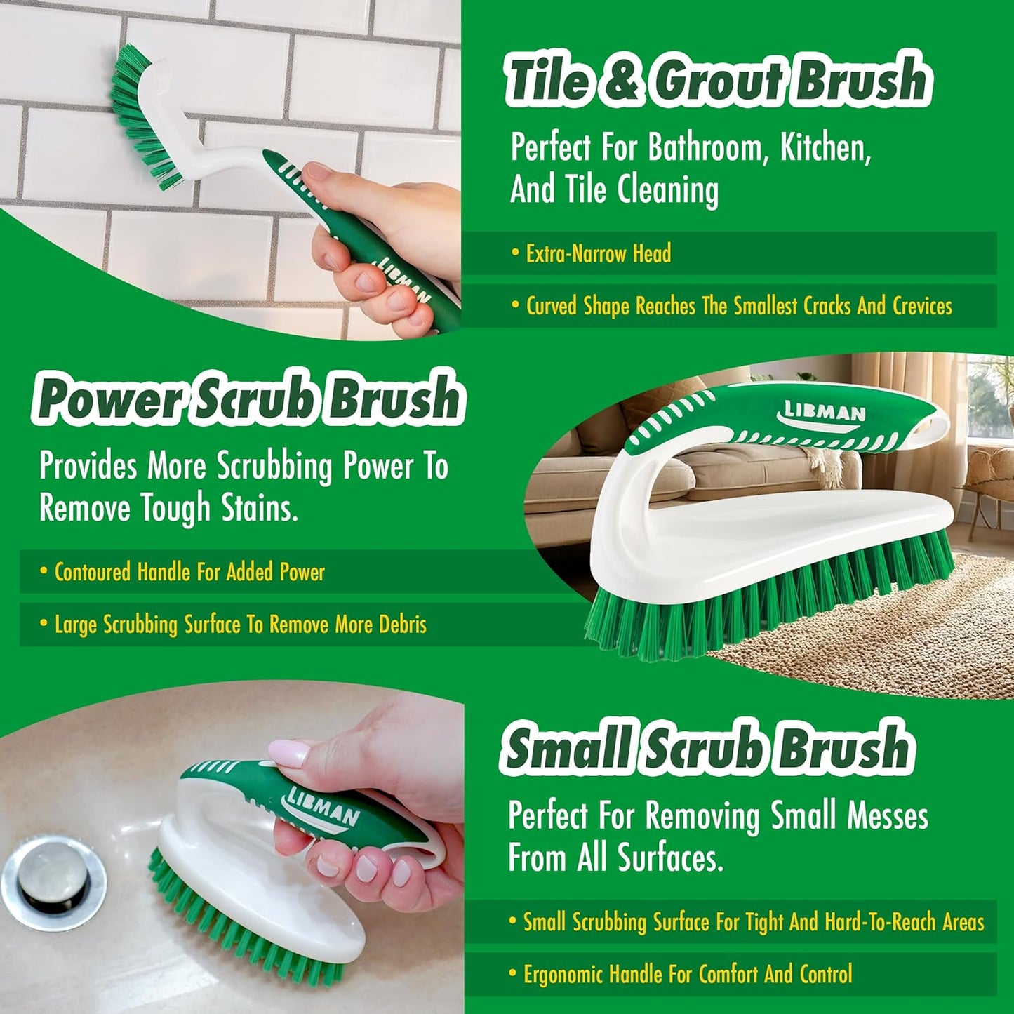Libman Scrub Brush Kit | Cleaning Brush | Tile & Grout Brush | Small Scrub Brush | Power Scrub Brush | Carpet Brush | Bathroom Scrubber | Boot Scrubber | 3 Different Brushes Included