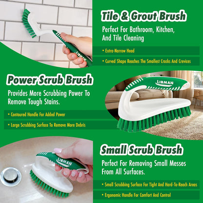 Libman Scrub Brush Kit | Cleaning Brush | Tile & Grout Brush | Small Scrub Brush | Power Scrub Brush | Carpet Brush | Bathroom Scrubber | Boot Scrubber | 3 Different Brushes Included