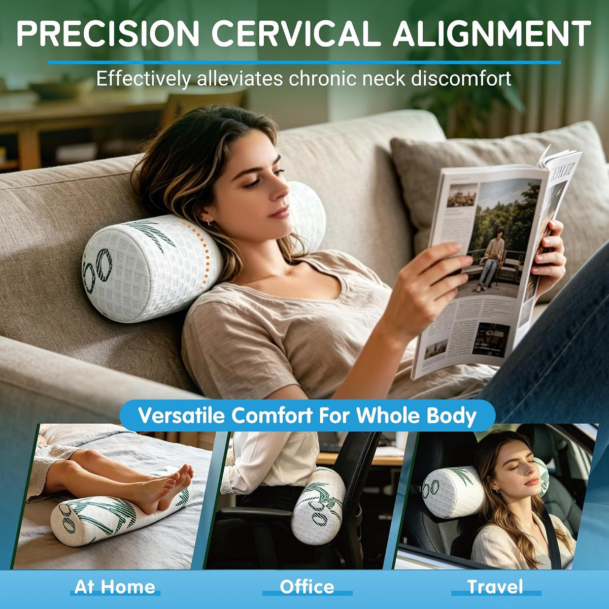 Asatdd Neck Roll Pillow, 2 Pack Foam Cervical Roll Pillow with Breathable Cover for Office Chair, Recliner Rest, and Home and Travel Use, 4" x 17"
