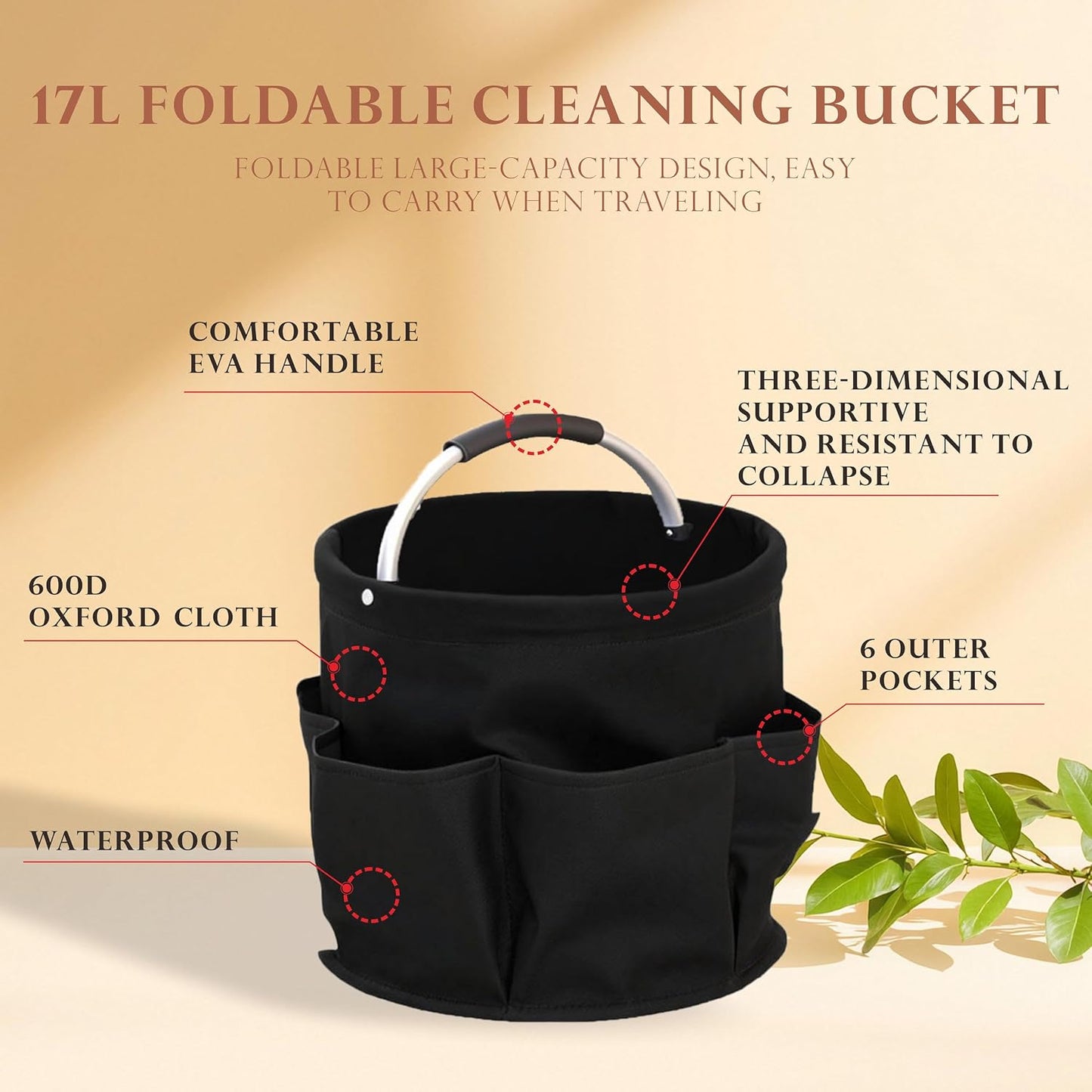 Cleaning Caddy with Handle,Cleaning Supplies 17L Foldable Storage Basket | Portable Multi Bucket Organiser Mop Bucket for Home Garden (Black)-11 x 11inches