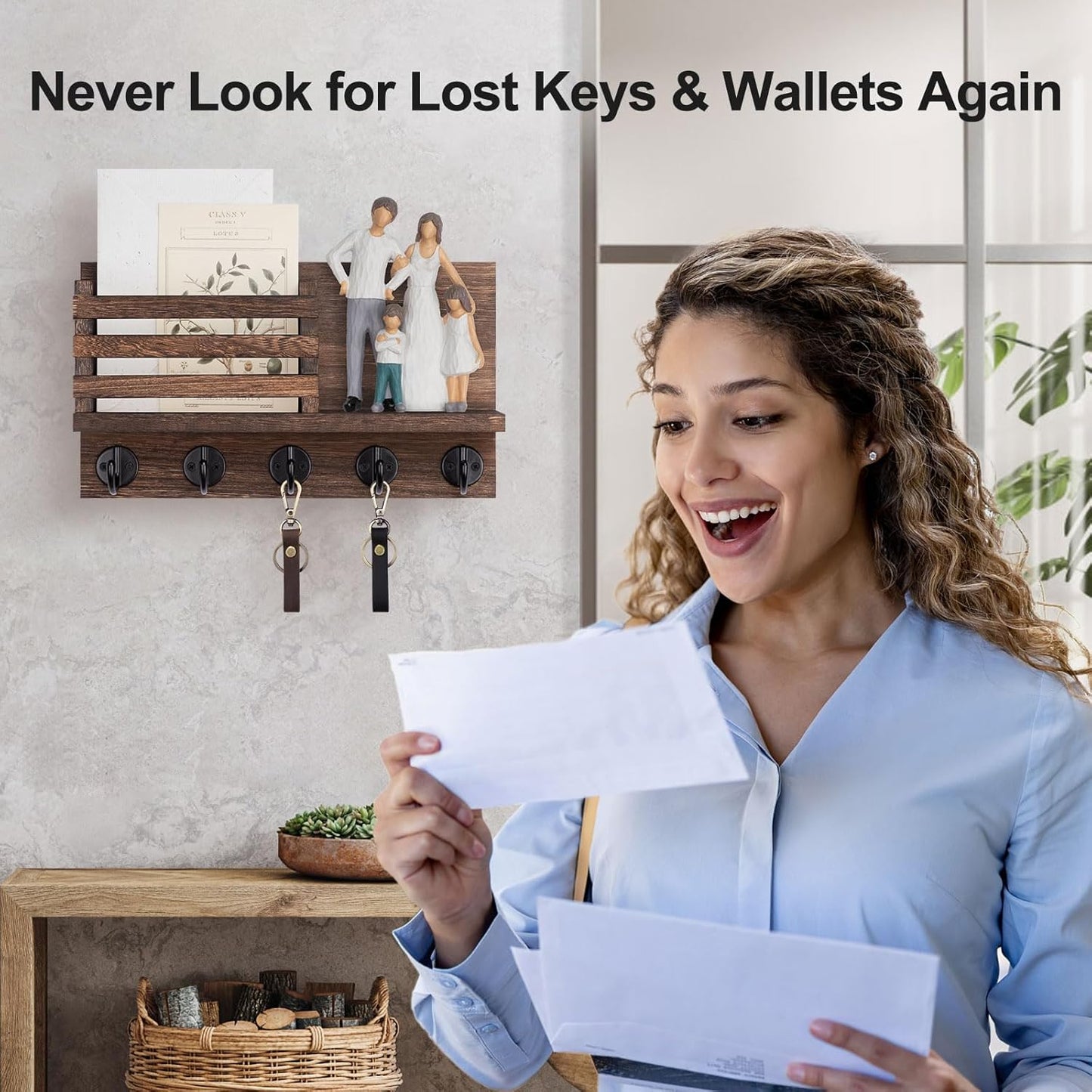 Lwenki Key Holder for Wall – Decorative Wooden Mail Holder and Key Shelf with Mounting Hardware, Installation Guide – Paulownia Wood with Metal Key Hooks (Black, Large - 11.8inch)