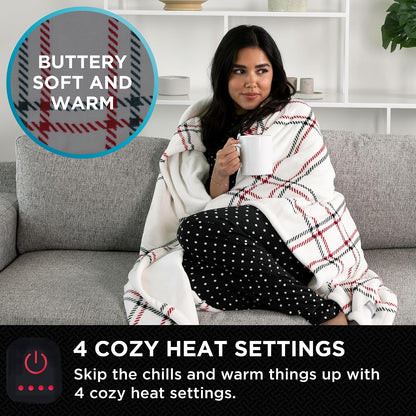 Brookstone Electric Heated Plush Throw - Heated Blankets - 4 Heat Settings, 4-Hour Auto Shut Off, 100% Polyester, 50"x60" - Blue Trellis