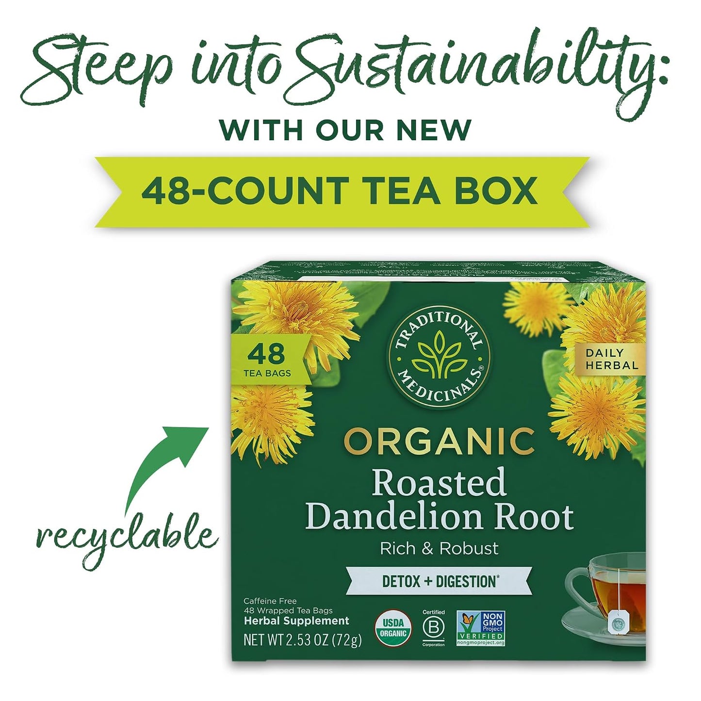 Traditional Medicinals Organic, Dandelion Leaf & Root - Dandelion Root Tea, Supports Normal Detox + Digestion - Kosher, Non-GMO, Caffeine-Free, Compostable - 16 Tea Bags