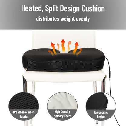Mind Reader Heated Memory Foam Seat Cushion with Air-Cloud Support, Slim Ergonomic Cushion with 4 Heat Settings Timer and Auto Shut-Off, Black