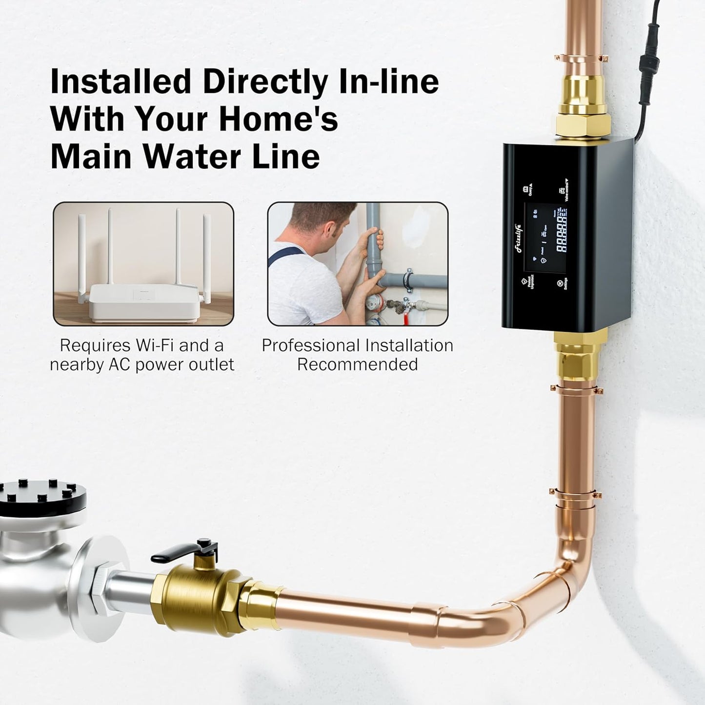 Frizzlife LP365 Smart Water Monitor and Automatic Shutoff Valve - 0.01GPM Ultrasonic Micro Leak Detection, APP Wi-Fi Remote Control, Real-Time Flow/Temp Alarm, 24/7 Water Usage Reports, 3/4" and 1"
