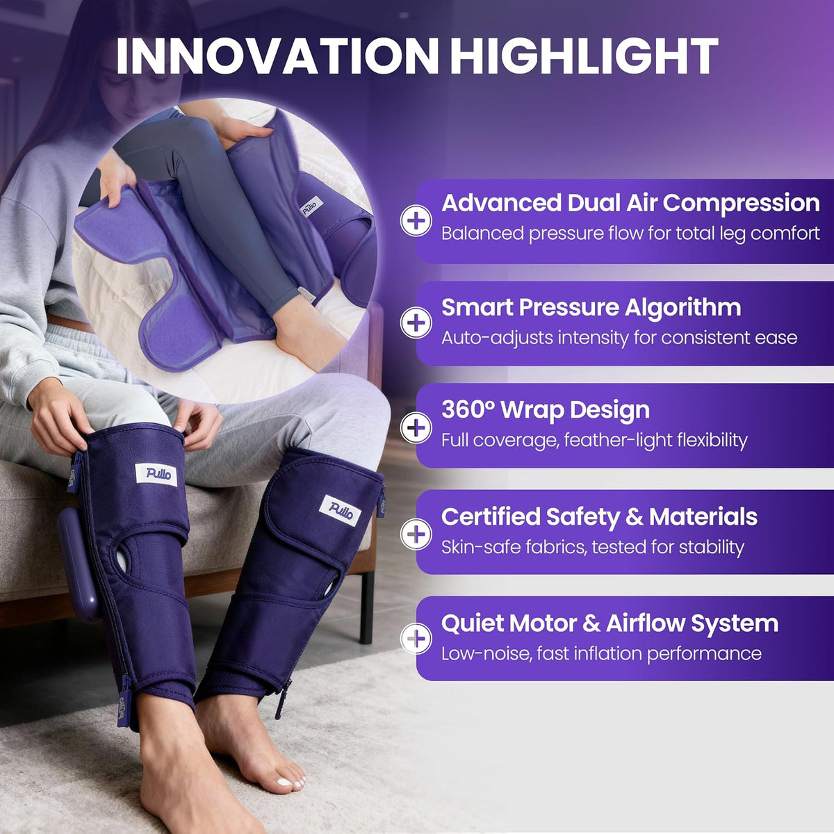 PULIO Leg Care Device V2 with New Controller Purple - 3 Modes, 3 Intensities - USB-C Rechargeable Cordless