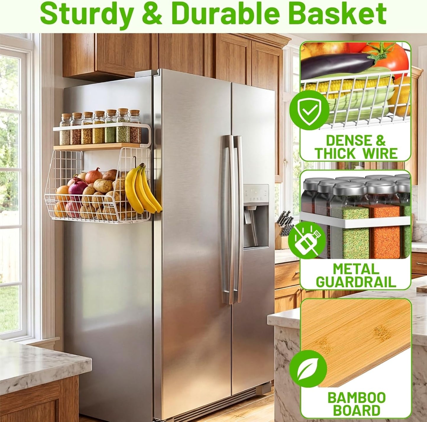 Magnetic Shelf for Fridge with Wood Lid, Fruit Potato and Onion Storage Bins, Pantry Organizers & Storage, Large Container Magnetic Spice Rack for Refrigerator, Kitchen Counter, Cabinet | Strong magnet holds 50lbs, ventilated bin for produce, versatile