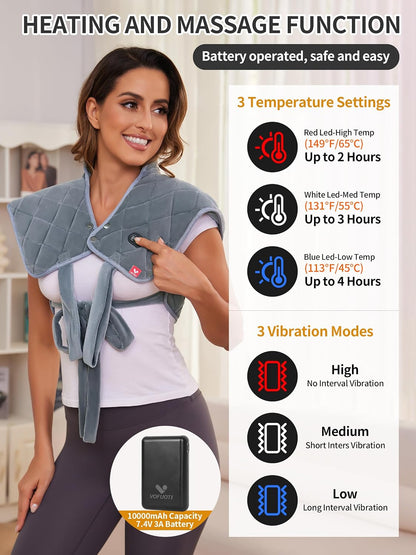 Vofuoti Portable Cordless Heating Pad for Neck and Shoulders with Massager | 12V 15000mAh Battery and 3 Heat Settings, Weighted Electric Rechargeable Heated Neck Shoulder Wrap, 2.6lbs, Gift for Family