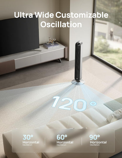 DREO Smart Tower Fan for Bedroom, 120° Oscillating Fan, 20dB Quiet DC Motor | 28ft/s Airflow, 12 Speeds, 4 Modes Bladeless Standing Fan, 12H Timer Cooling Fan for Home, Living Room, App & Alexa Control