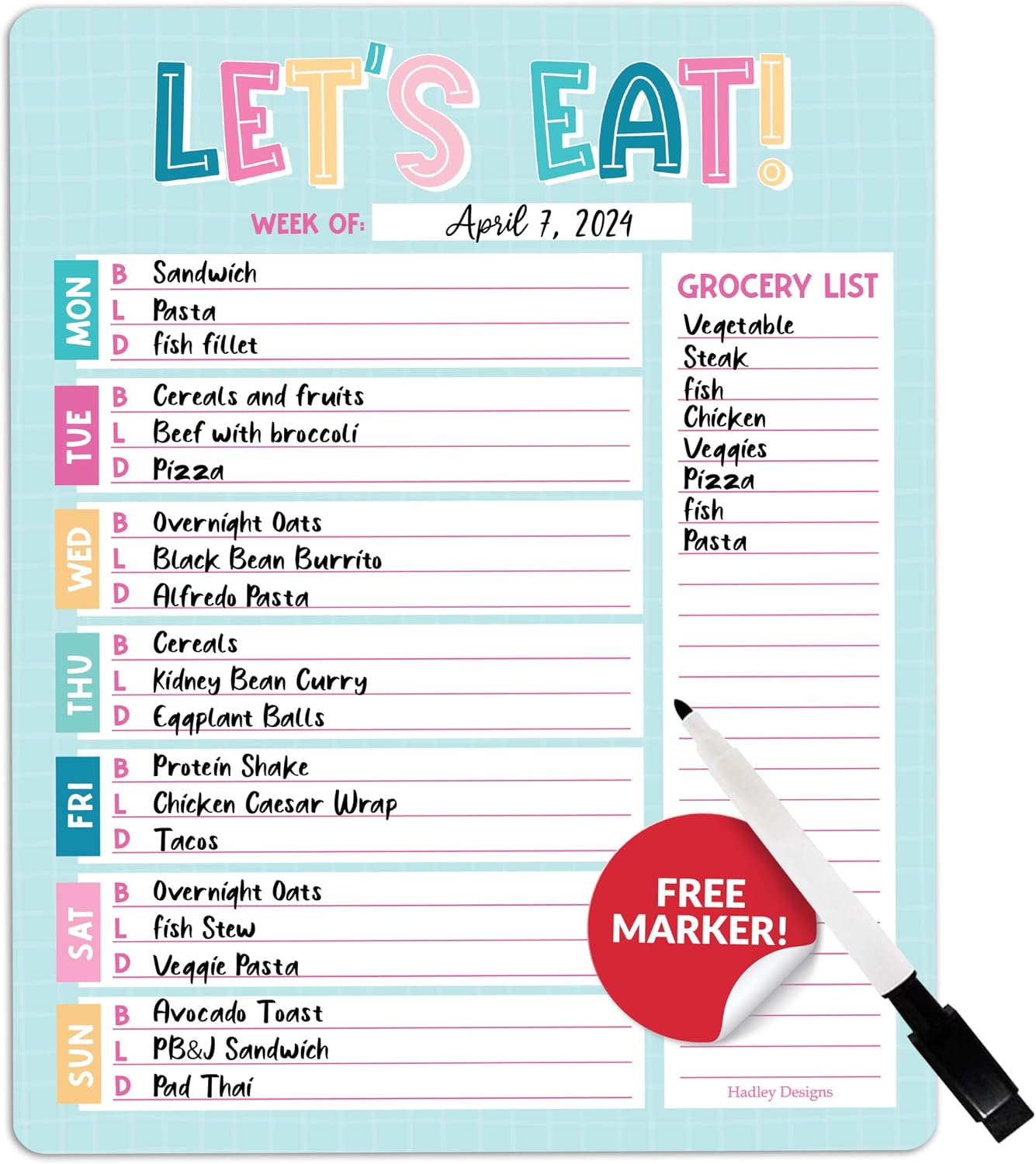 Hadley Designs Weekly Meal Planner for Fridge - Dinner Menu Board for Kitchen, Colorful Weekly Menu Board Dry Erase, Dry Erase Meal Planner for Fridge