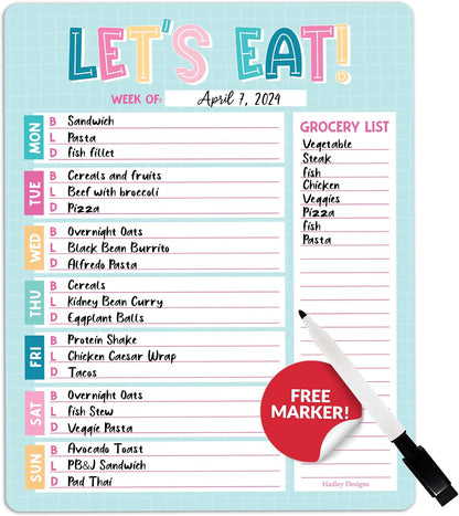 Hadley Designs Weekly Meal Planner for Fridge - Dinner Menu Board for Kitchen, Colorful Weekly Menu Board Dry Erase, Dry Erase Meal Planner for Fridge