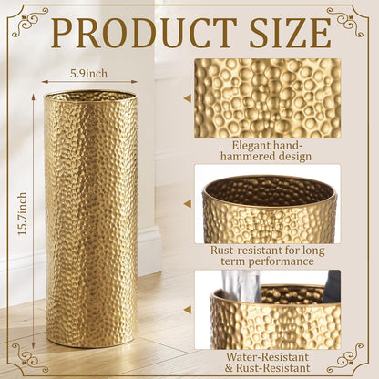 Lounsweer Metal Hammered Umbrella Stand, Gold Cylindrical Umbrella Holder for Entryway, Free Standing Canes Walking Sticks Organizer, Round Waterproof Drip Container for Home Office, 15.8 x 5.9 in