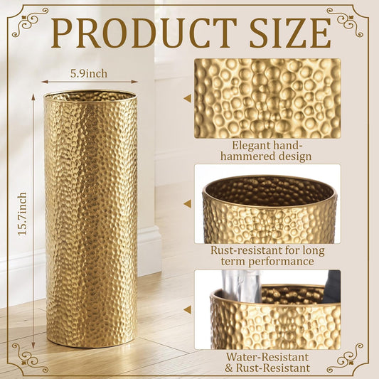 Lounsweer Metal Hammered Umbrella Stand, Gold Cylindrical Umbrella Holder for Entryway, Free Standing Canes Walking Sticks Organizer, Round Waterproof Drip Container for Home Office, 15.8 x 5.9 in