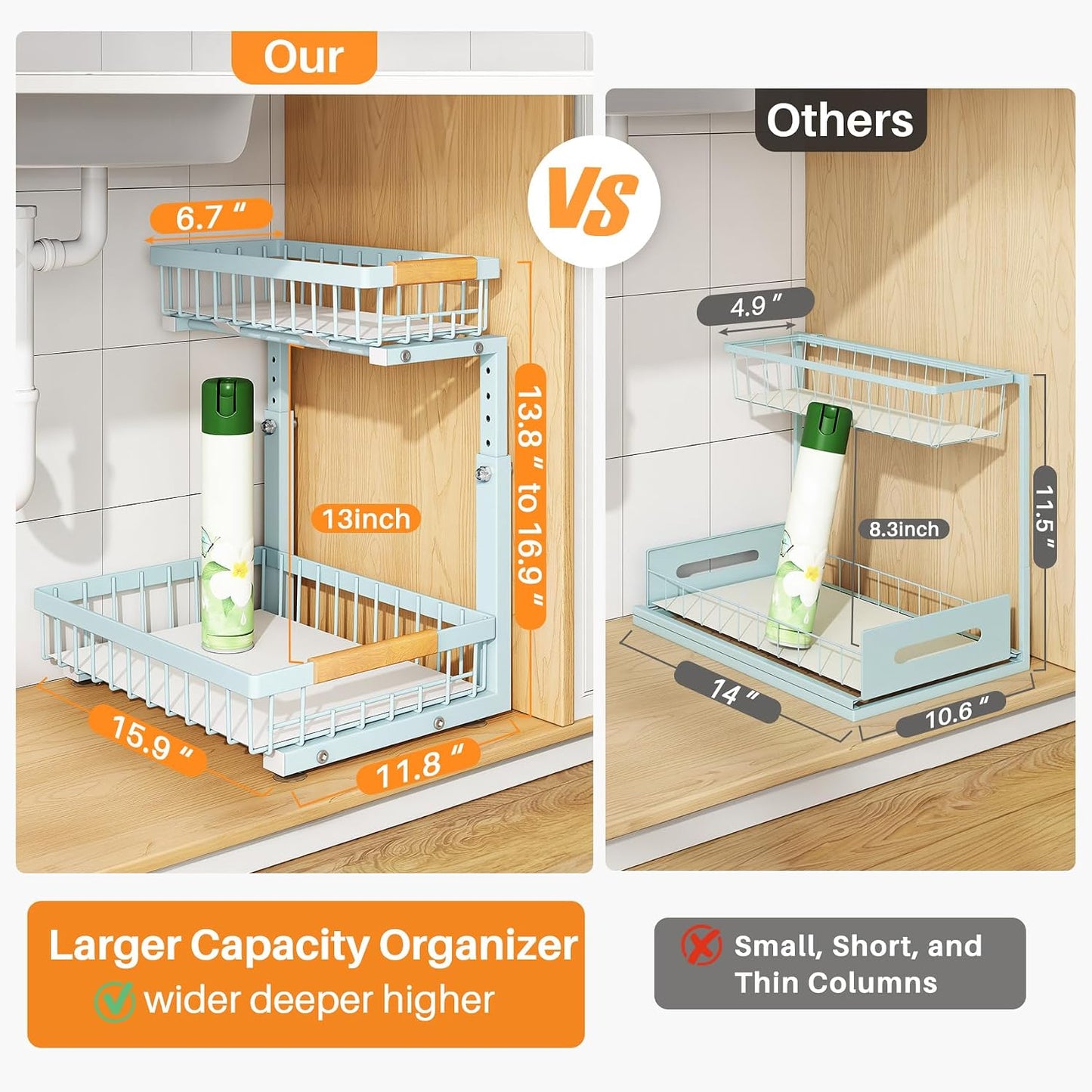 PXRACK Under Sink Organizer, Adjustable Height, 2 Tier Pull Out Under Cabinet Organizer, Slide Out Thickened Metal Under Sink Storage for Kitchen Bathroom Laundry Pantry Cabinet, White, Large-2-Pack
