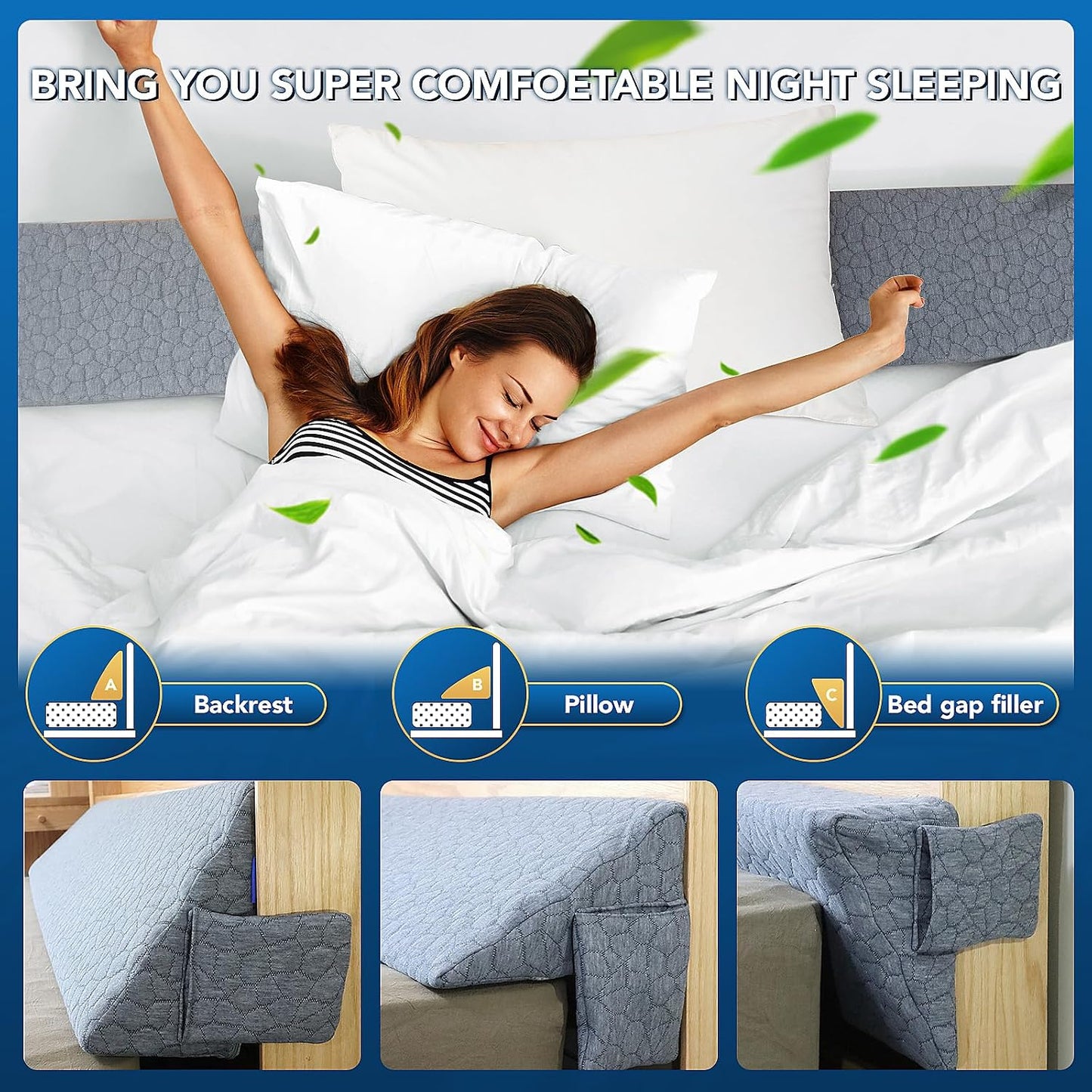 Patented Bed Wedge Pillow for Headboard Gap, Filler Between Mattress Gaps (0-7"), Comfortable Supportive High Density Cushioned Foam Pillows, Stay in Place Gripping Dots, King Soft Gray (76"x10"x6")