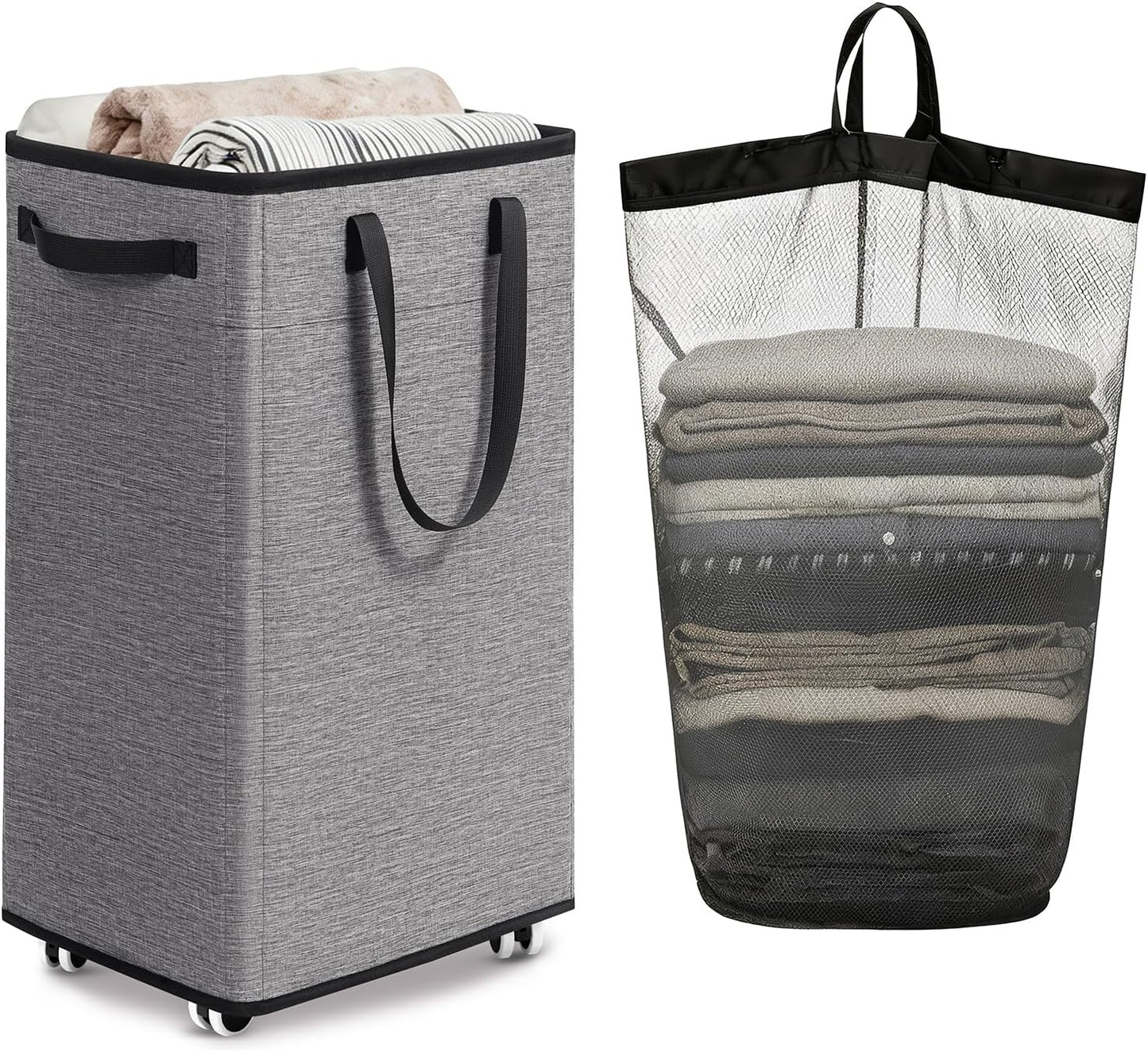 Goodpick 75L Laundry Basket with Wheels & Removable Wash Bag for Dorm | Rolling Laundry Basket with Handles for Dirty Clothes, Fodable Hamper for Laundry Room, Dorm Room Essentials, Grey