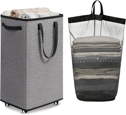 Goodpick 75L Laundry Basket with Wheels & Removable Wash Bag for Dorm | Rolling Laundry Basket with Handles for Dirty Clothes, Fodable Hamper for Laundry Room, Dorm Room Essentials, Grey