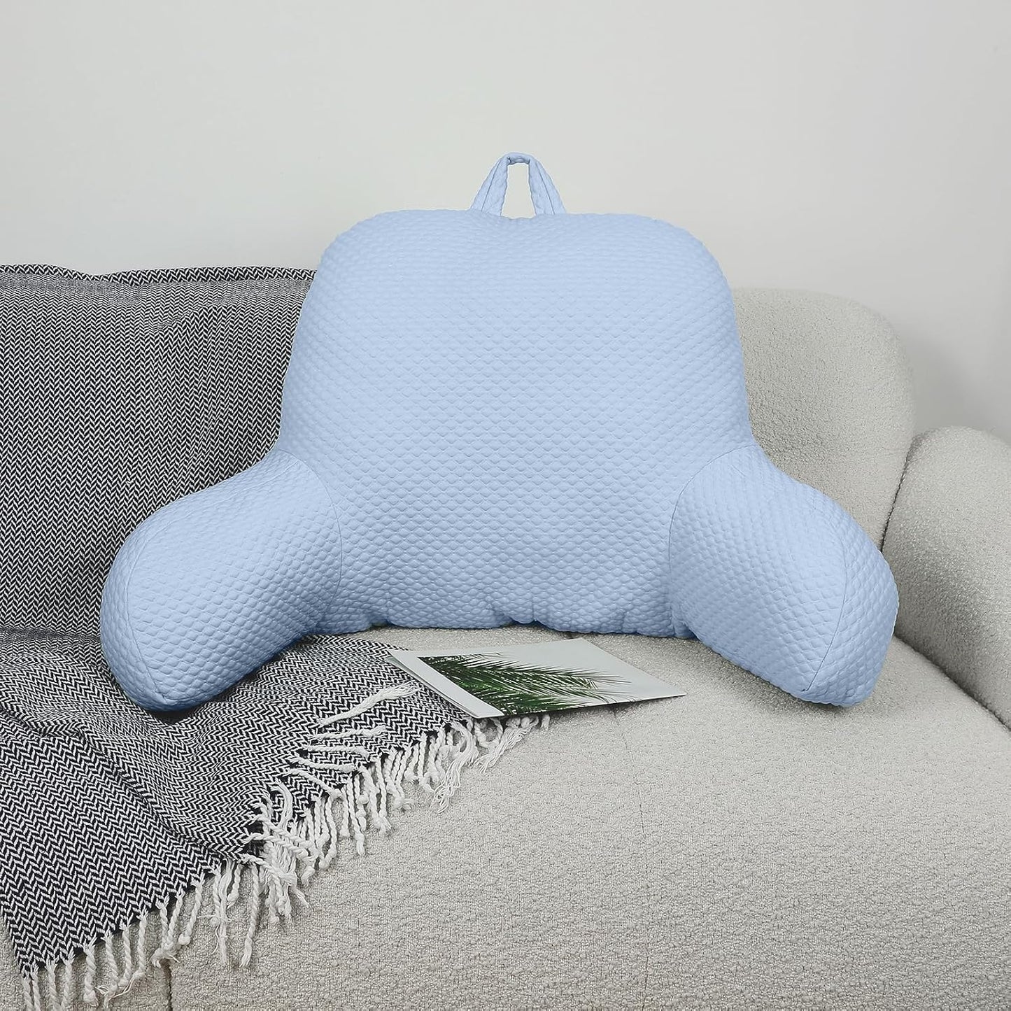 Reading Pillow, Ice Silk Bean Back Pillow for Bed Sitting Up, Adult Back-Rest Support Cushion with Arms for Sit Up on Couch, Sofa, and Floor, Dorm Essentials, Reading Accessories, Blue