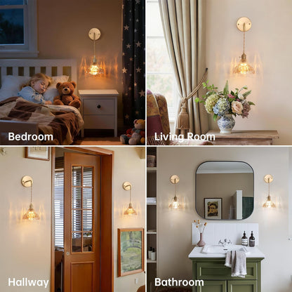 Shenmoyl Battery Operated Wall Sconce Wall Lamp with Green Lily of the Valley Shade Pattern Glass Adjustable Chain Retro Gold Wall Mounted Light, Modern Wall Lamp Fixtures Decor for Bedside Bedroom
