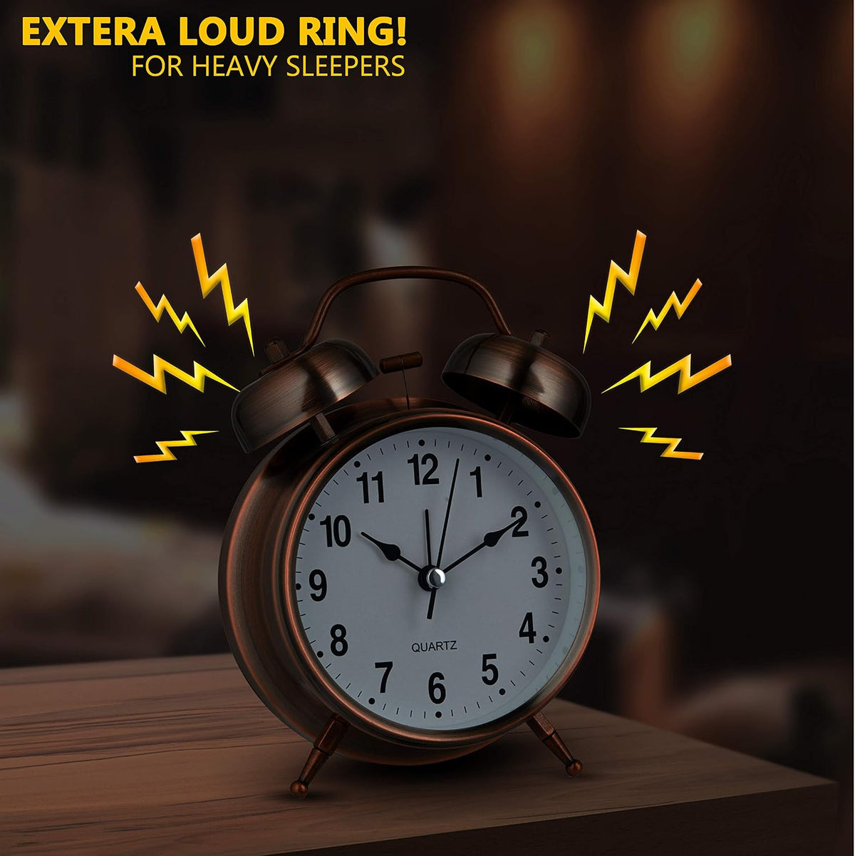 Bernhard Products Analog Alarm Clock 4" Twin Bell Vintage Navy Blue Silent Non-Ticking Quartz Battery Operated Extra Loud with Backlight for Bedside Table Desk, Retro Old Fashioned for Heavy Sleepers