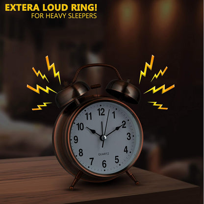 Bernhard Products Analog Alarm Clock 4" Twin Bell Vintage Navy Blue Silent Non-Ticking Quartz Battery Operated Extra Loud with Backlight for Bedside Table Desk, Retro Old Fashioned for Heavy Sleepers