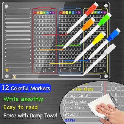 PigPotParty 2-in-1 Acrylic Magnetic Chore Chart for 2 Kids, Large 16x12 in | Clear Dry Erase Fridge Chore Board for Teens, Roommates; Vibrant Layout; Embedded Magnets; 12 Wet-Erase Markers and Towel