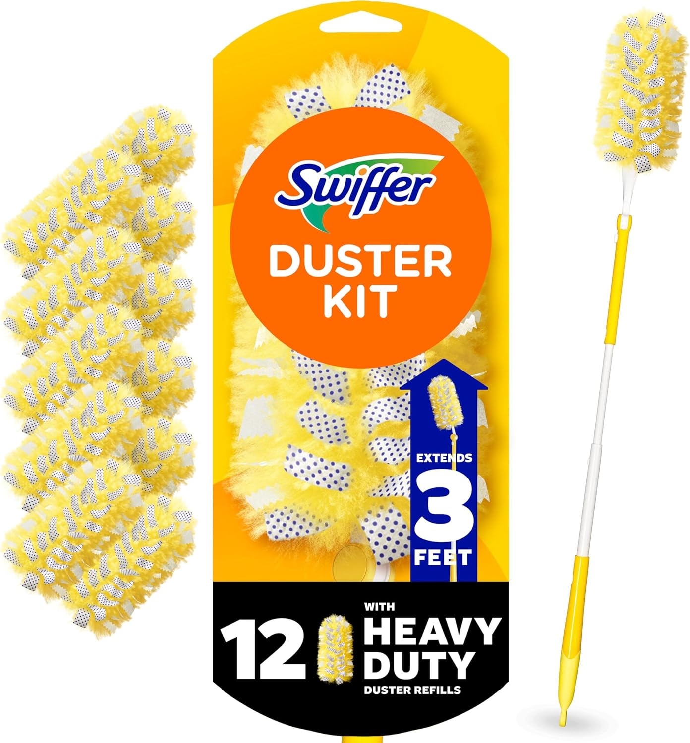 Swiffer Duster Kit with 3 ft Extendable Handle, Dusters for Cleaning, Set Includes 1 Extension Pole and 12 Heavy Duty Dusting Refills Dust Cleaner, Long Extended Wand for Ceiling Fans and Walls